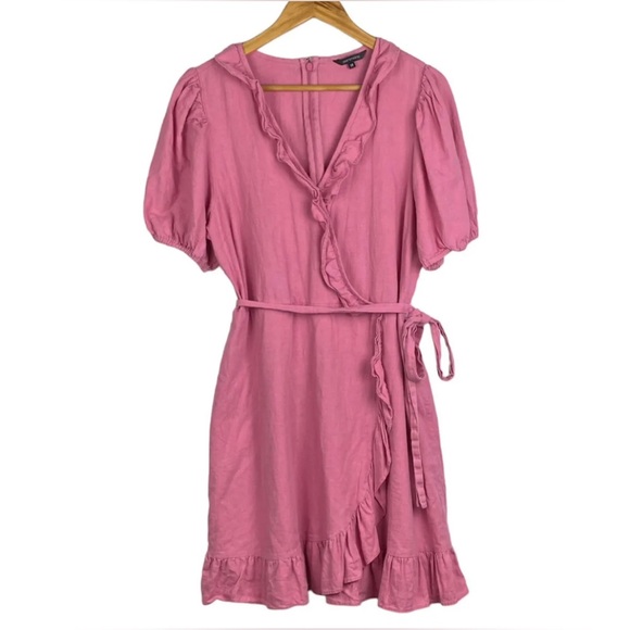 Portmans Madison Wrap Dress Pink Linen Blend Tie Waist Short Ruffle Size L 14 - Picture 2 of 11